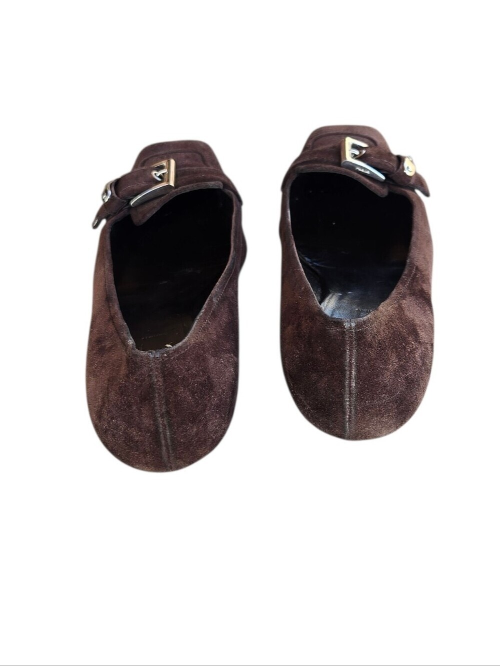 Vintage Prada Brown Suede Square Toe Kitten Heels Buckle Loafer Pumps Y2K Sz 8 - Picture 5 of 14